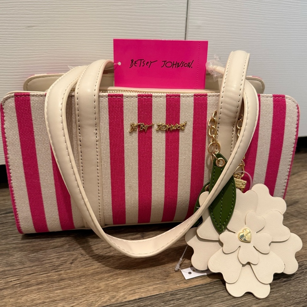 Betsey Johnson Pink and White Striped Canvas Shoulder Bag with Flower Charm NWT